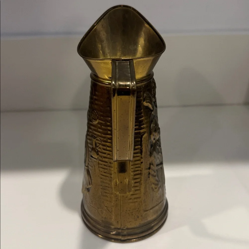 Vintage Brass Pitcher Vase, Embossed English Pub Scene, Made in England